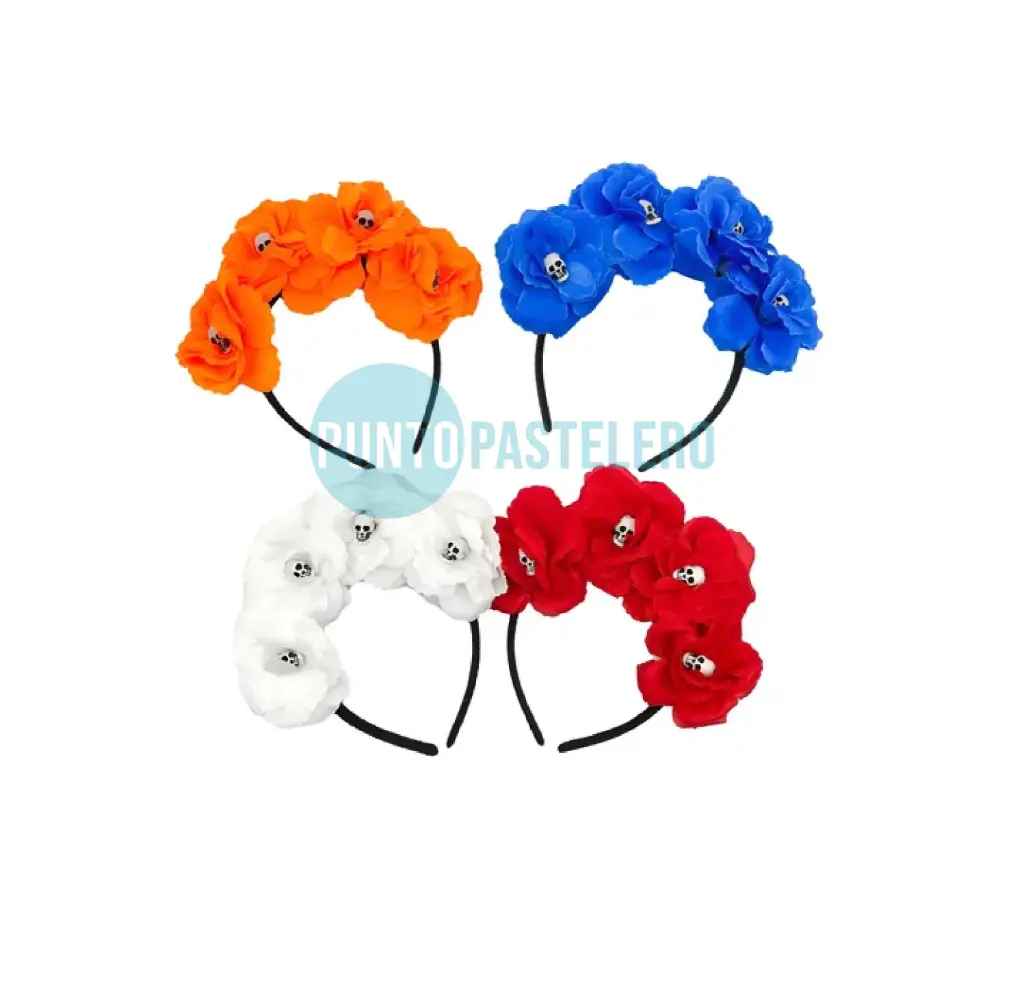 [00112874] VINCHA FLORES CON APLIQUE CALAVERA (COLORES SURTIDOS)