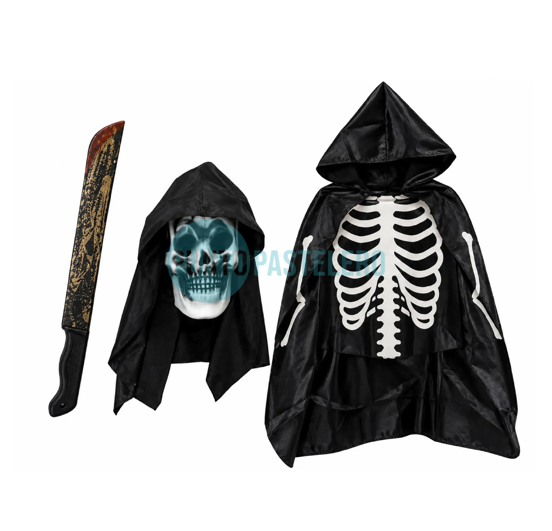 SET DISFRAZ CALAVERA (CAPA-PECHERA-CARETA-MACHETE)