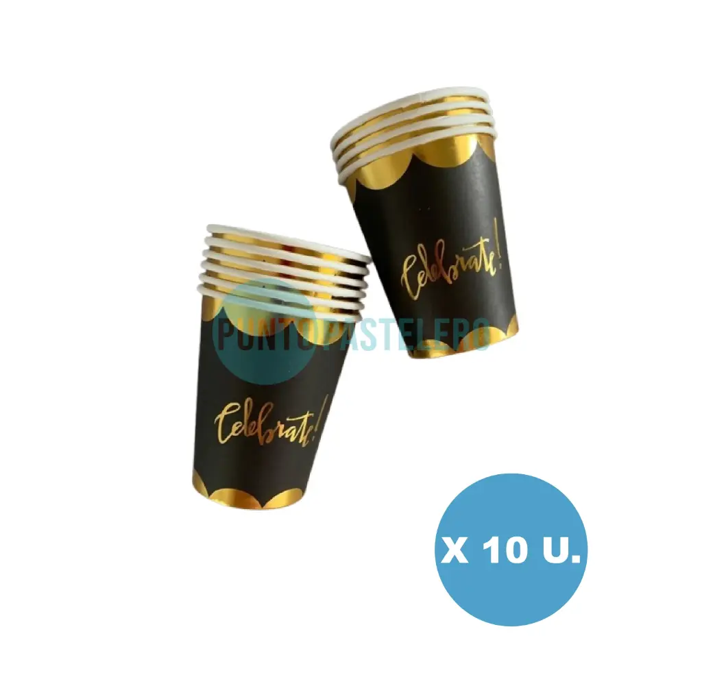 VASO POLIPAPEL CELEBRATE NEGRO Y DORADO/ROSA (X 10 U.)