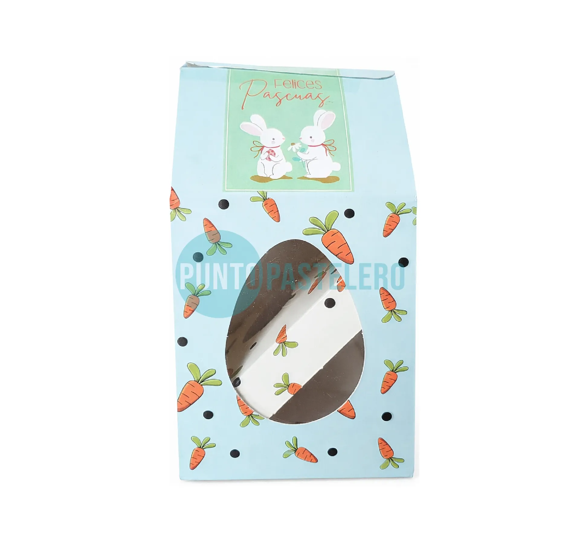 CAJA CON VISOR PARA HUEVO DE PASCUA CHICO ESTAMPA ZANAHORIAS (9 X 9 X 15 CM)