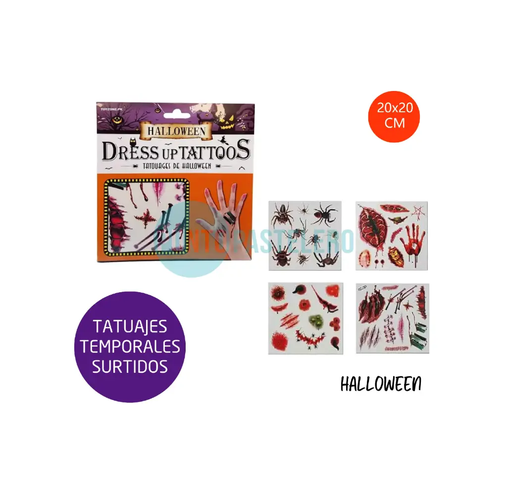 [00107220X1] TATUAJE TEMPORARIO HALLOWEEN PLANCHA SURTIDA (20X20 CM)