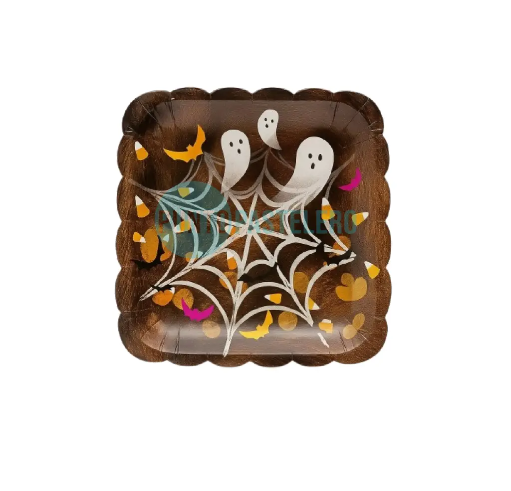 PLATO POLIPAPEL CARTON HALLOWEEN CUADRADO FANTASMITAS (8 U.)