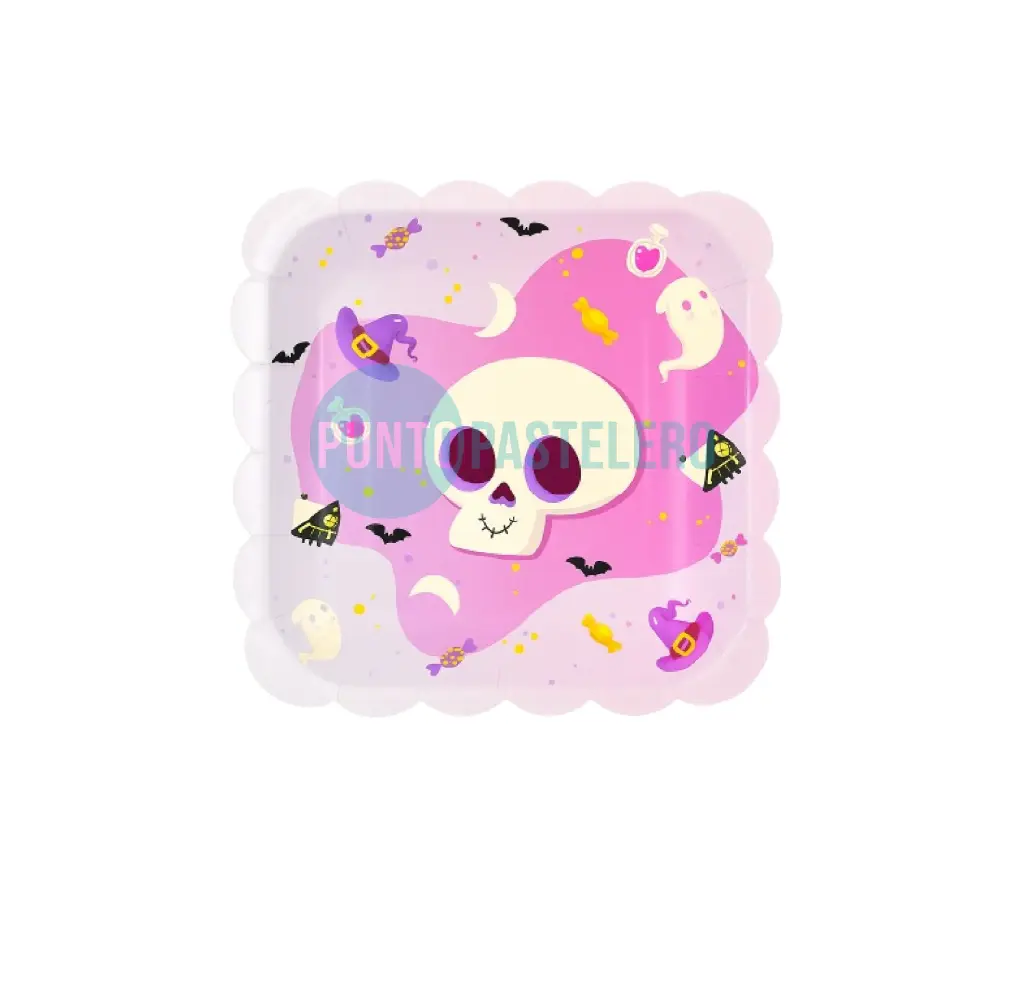 PLATO POLIPAPEL CARTON HALLOWEEN CUADRADO CALAVERA LILA (8 U.)
