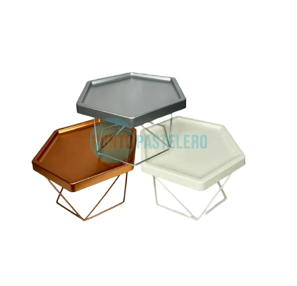 BANDEJA HEXAGONAL DELUXE CON BASE METALIZADA BLANCA (25 CM)