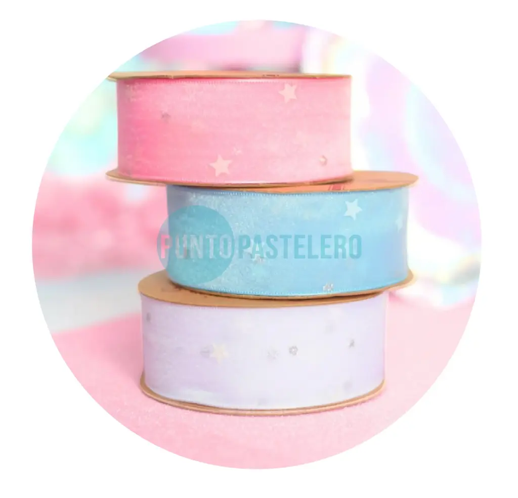 CINTA ORGANZA ESTRELLAS PLATEADAS (COLORES VARIOS) (X 10 MT.)