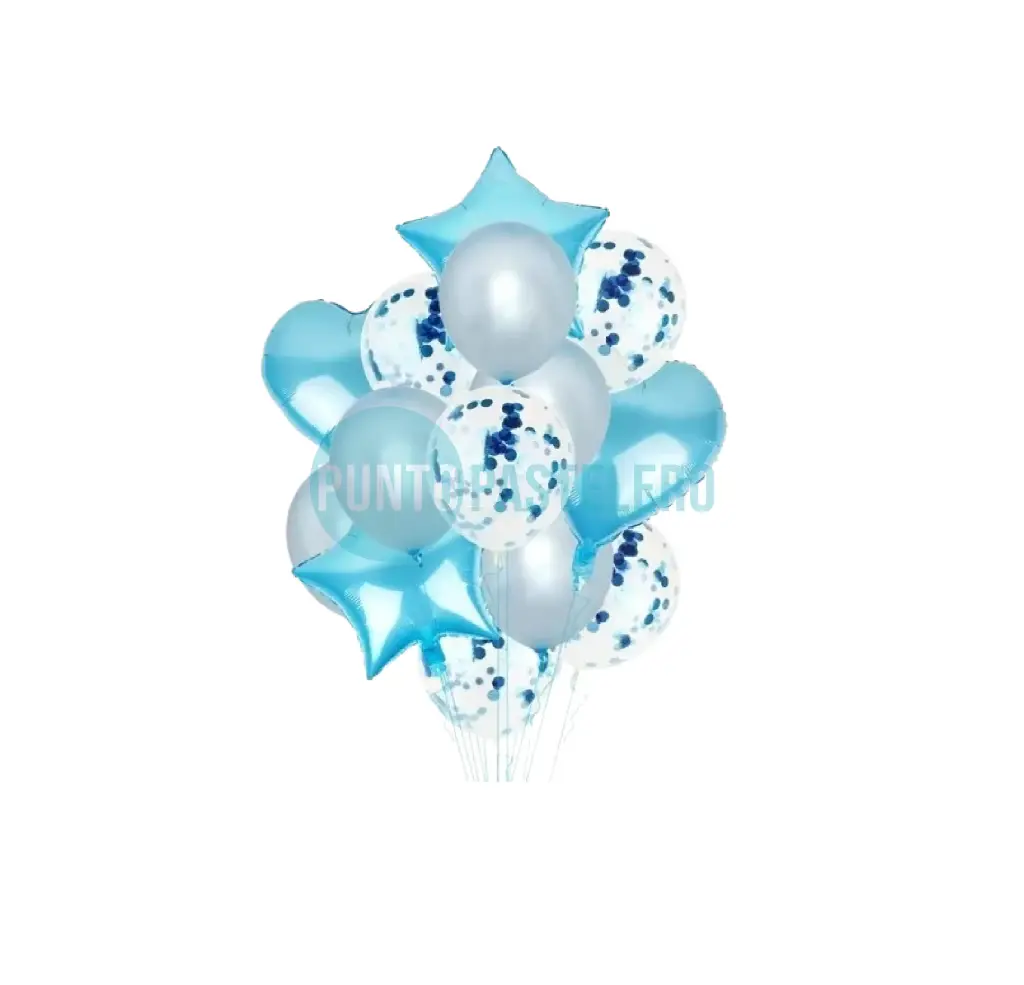 SET GLOBOS CORAZON-ESTRELLA-GLOBOS CONFETTI Y LATEX CELESTE (14 PZ)