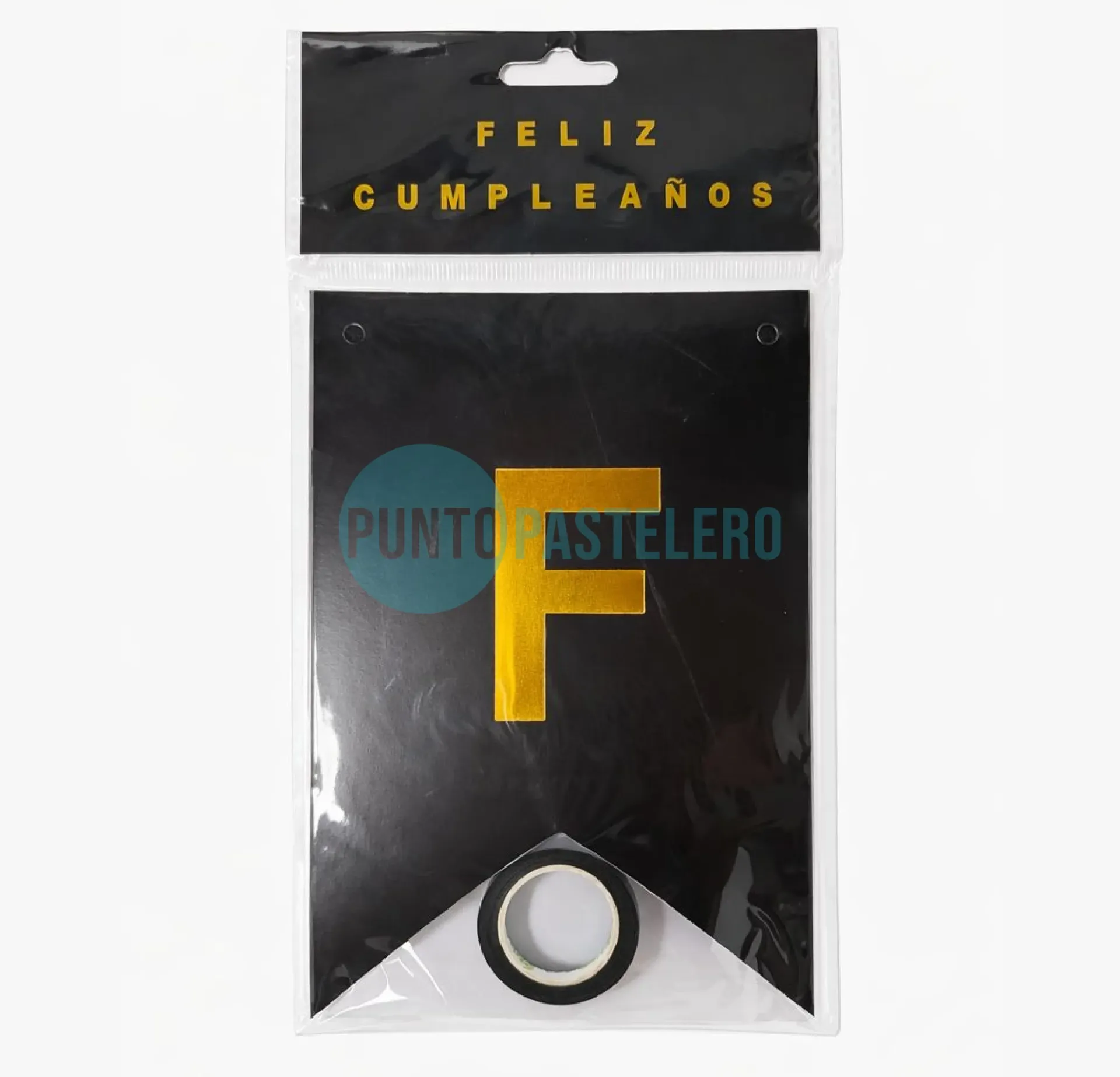 BANDERIN FELIZ CUMPLEAÑOS NEGRO Y DORADO