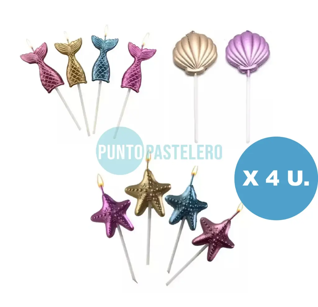 PACK VELAS COLA DE SIRENA/OSTRA/ESTRELLA METALIZADA (4 U.)