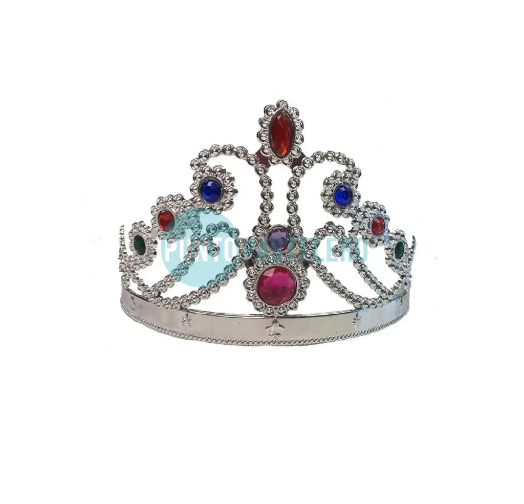 CORONA PLASTICA PLATEADA CON GEMAS