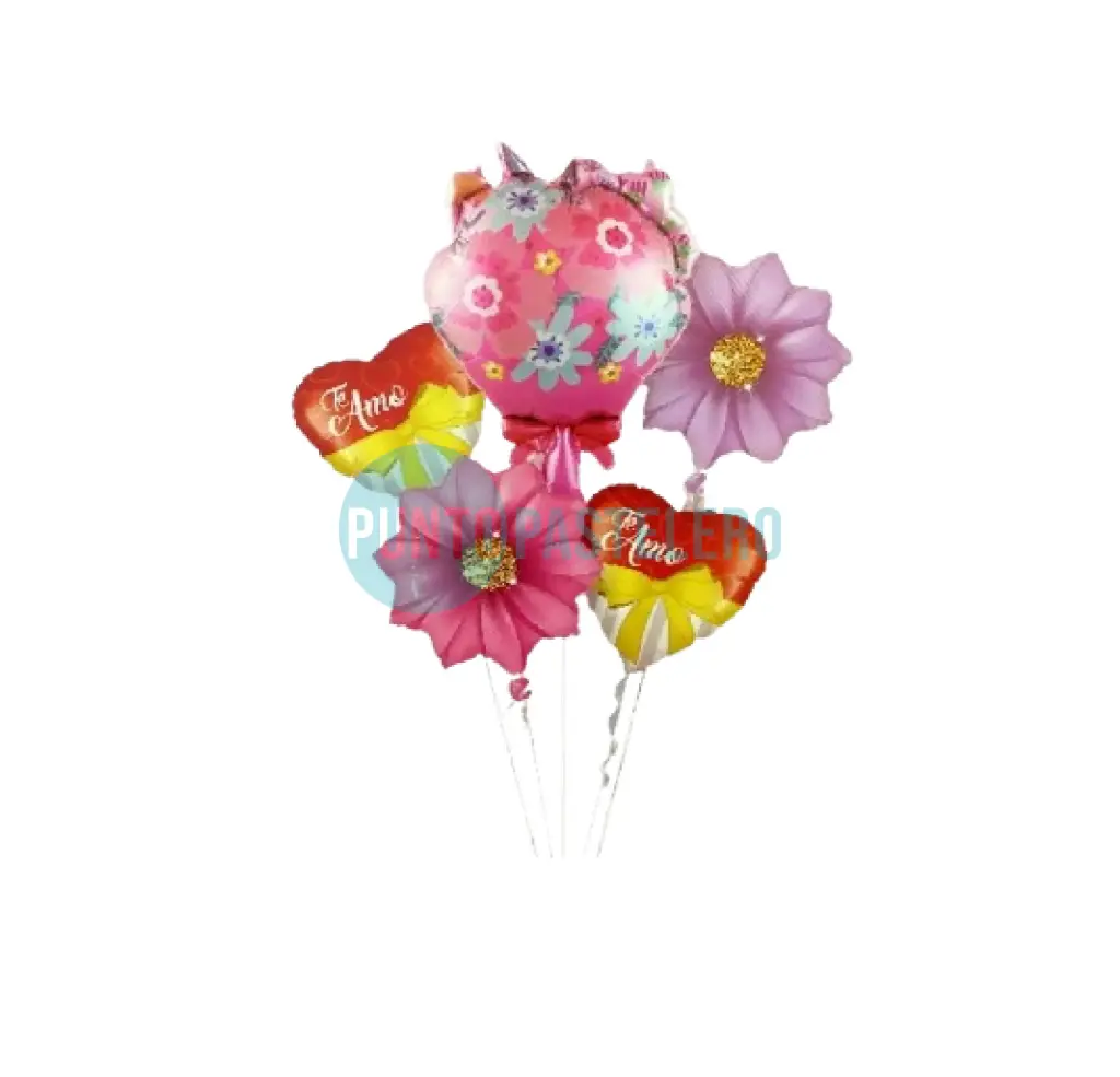 SET 5 GLOBOS METALIZADOS TE AMO RAMO DE FLORES Y CORAZON (5 PZ)