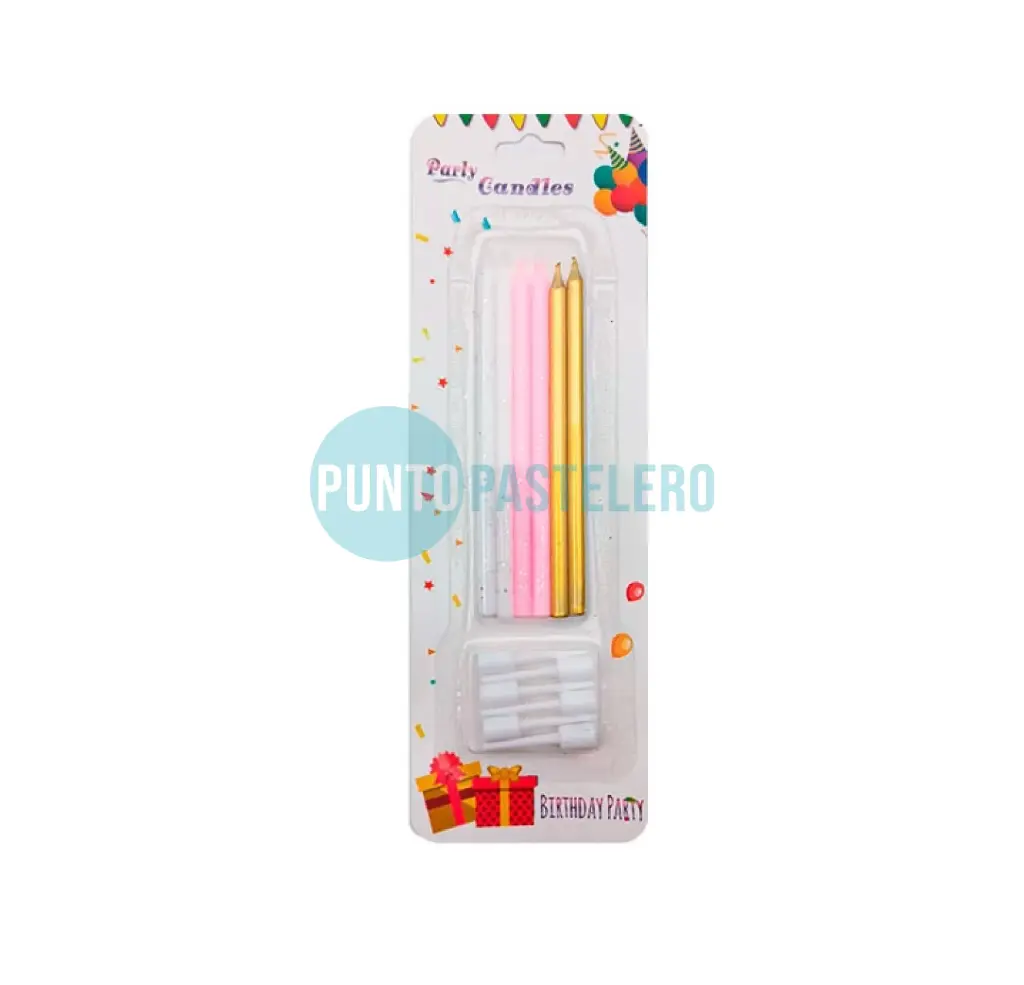 PACK VELAS PALITO CON BRILLO ROSA DORADO BLANCO (6 U.)