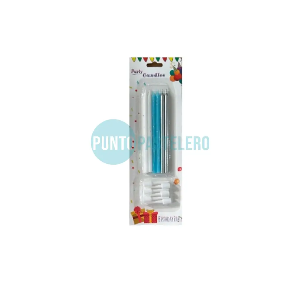 PACK VELAS PALITO CON BRILLO CELESTE PLATEADO BLANCO (6 U.)