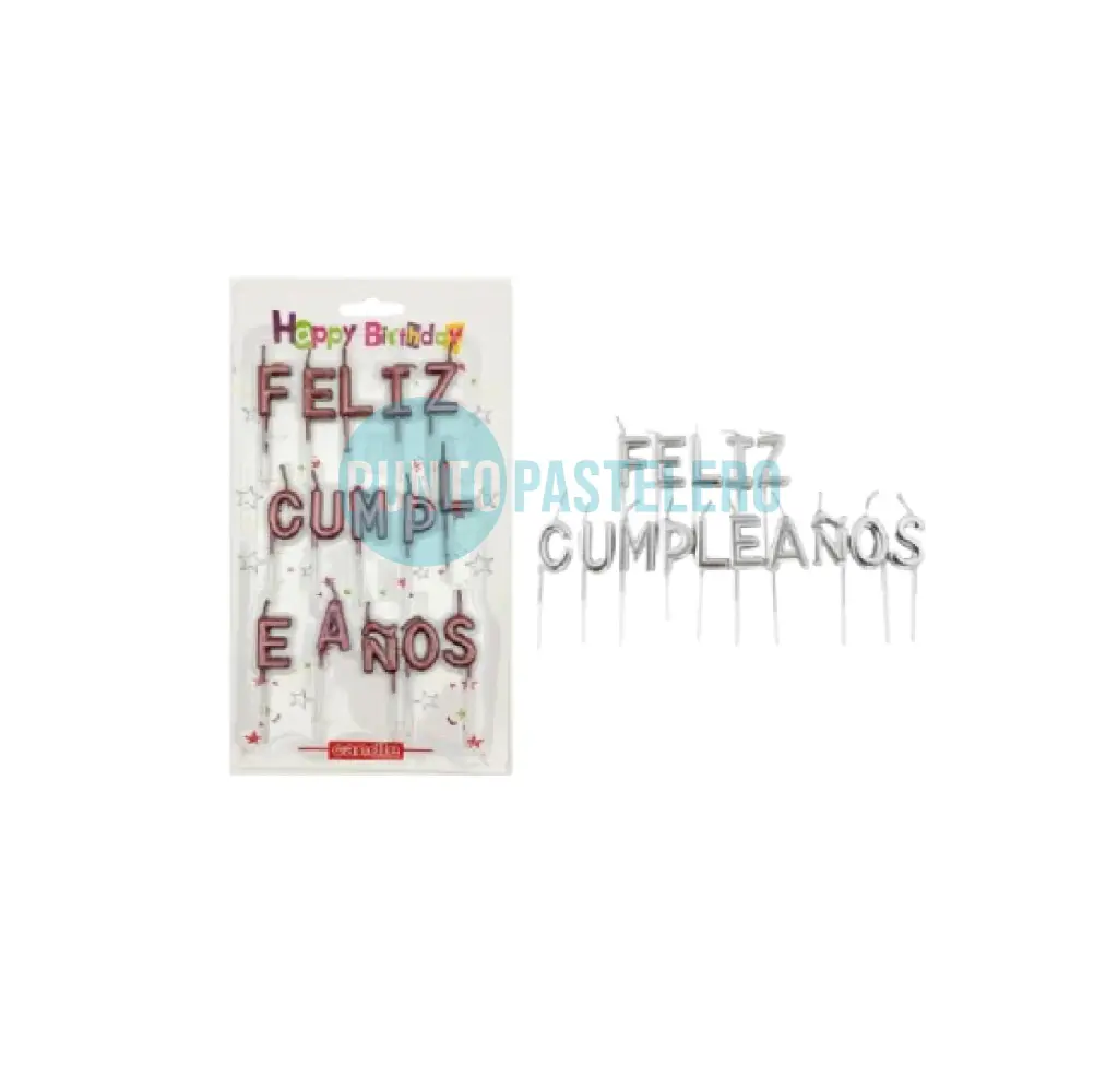 VELAS FRASE FELIZ CUMPLEAÑOS METALIZADA PLATA / ROJO