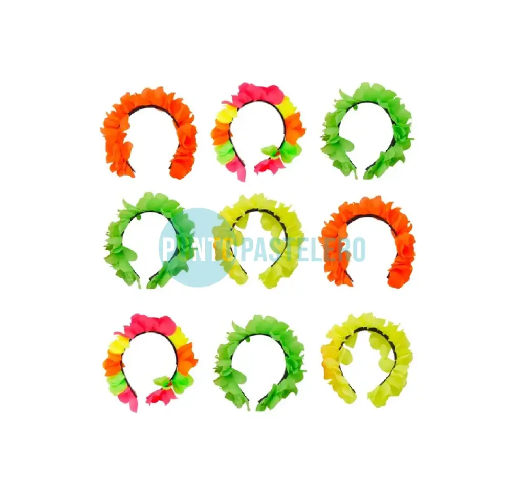 CORONA DE FLORES HAWAIANO FLUO COLORES SURTIDOS (X 12 U. )