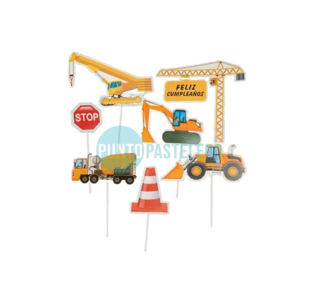 CAKE TOPPER FELIZ CUMPLEAÑOS GRUAS Y CAMIONES
