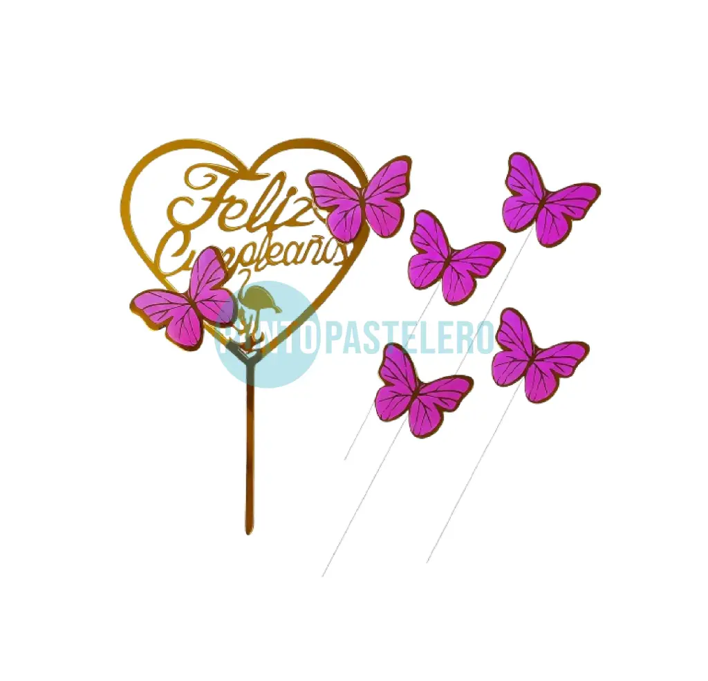 TOPPER FELIZ CUMPLE ACRILICO CON MARIPOSAS LILA / ROSA