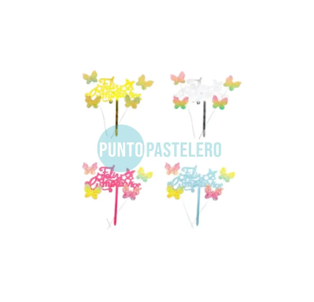 TOPPER FELIZ CUMPLE ACRILICO CON MARIPOSAS MULTICOLOR