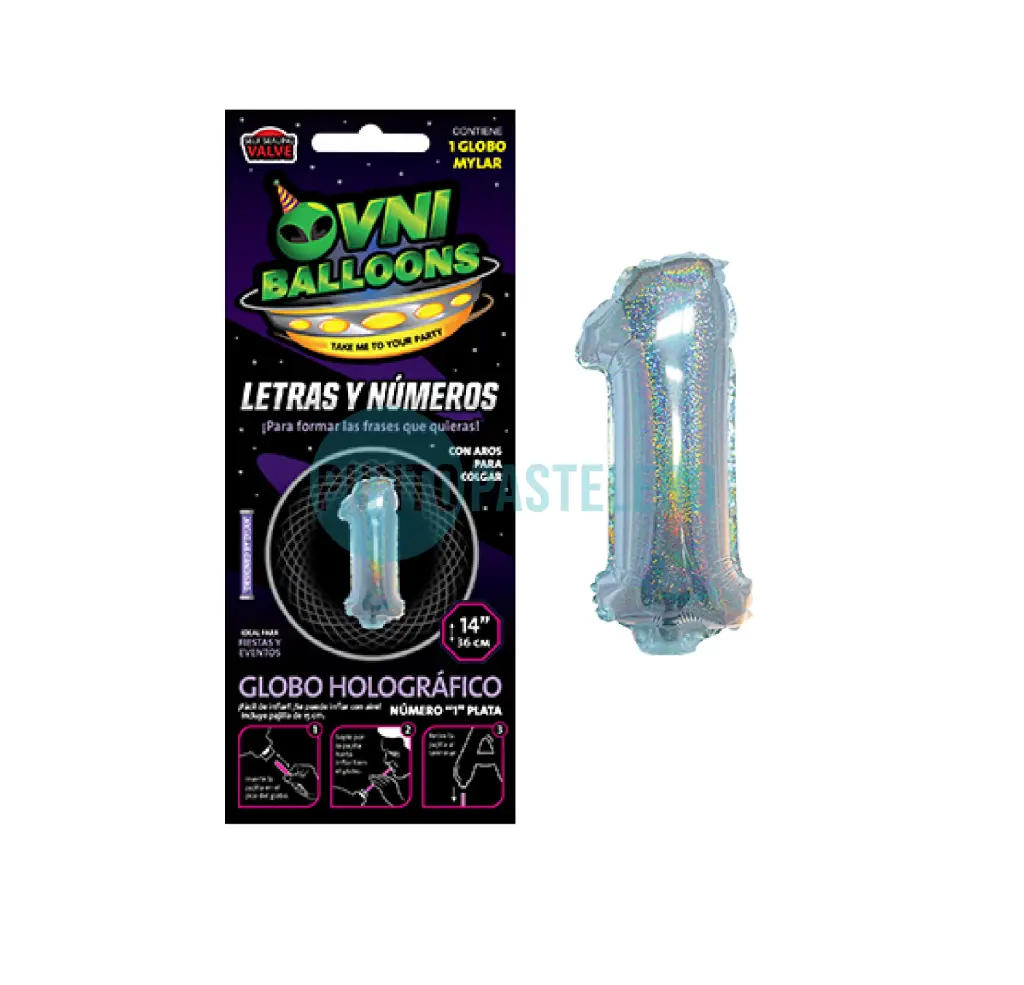 GLOBO NUMERO 1 - 36 CM - PLATA HOLOGRAFICO (OVNI BALLOONS)
