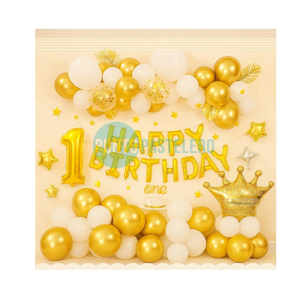 SET DE GLOBOS DORADO CON HAPPY BIRTHDAY