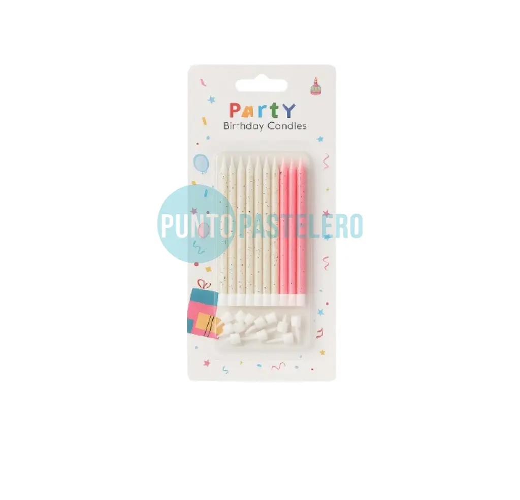 PACK VELAS ROSA Y BLANCO CON DESTELLO DORADO (12 U.)