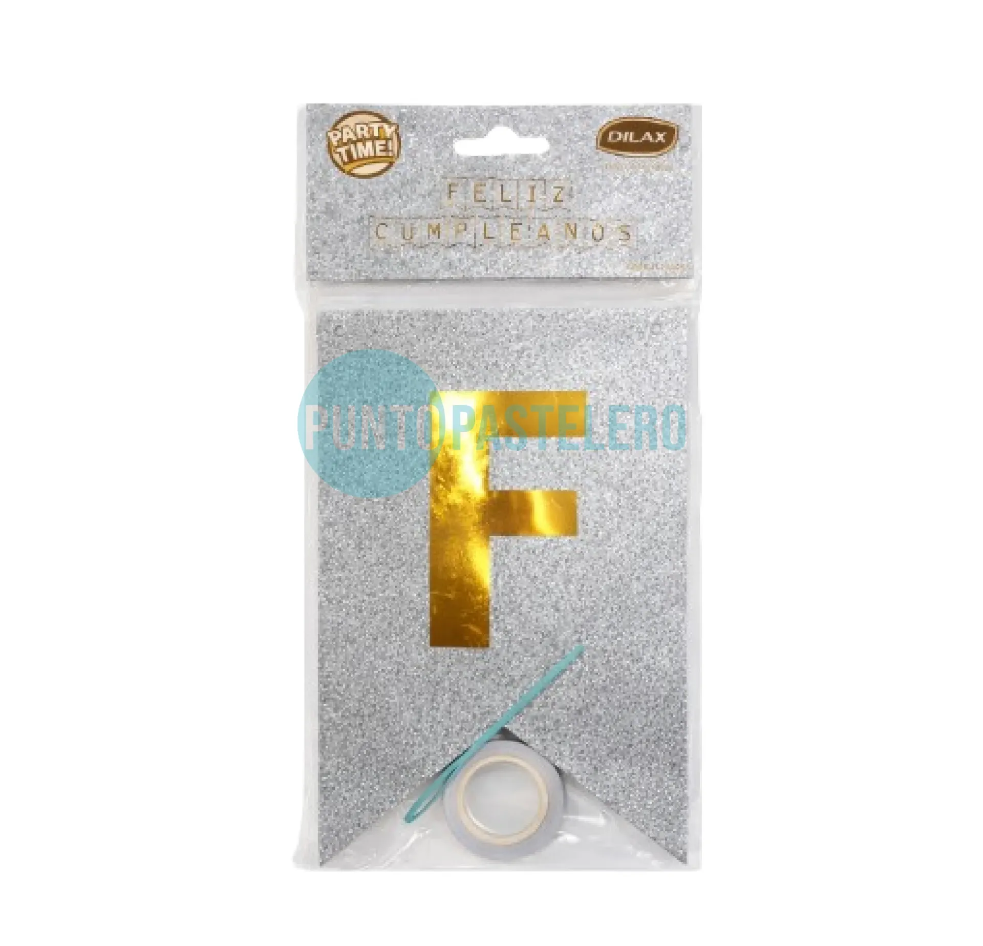 BANDERIN FELIZ CUMPLEAÑOS GLITTER PLATEADO