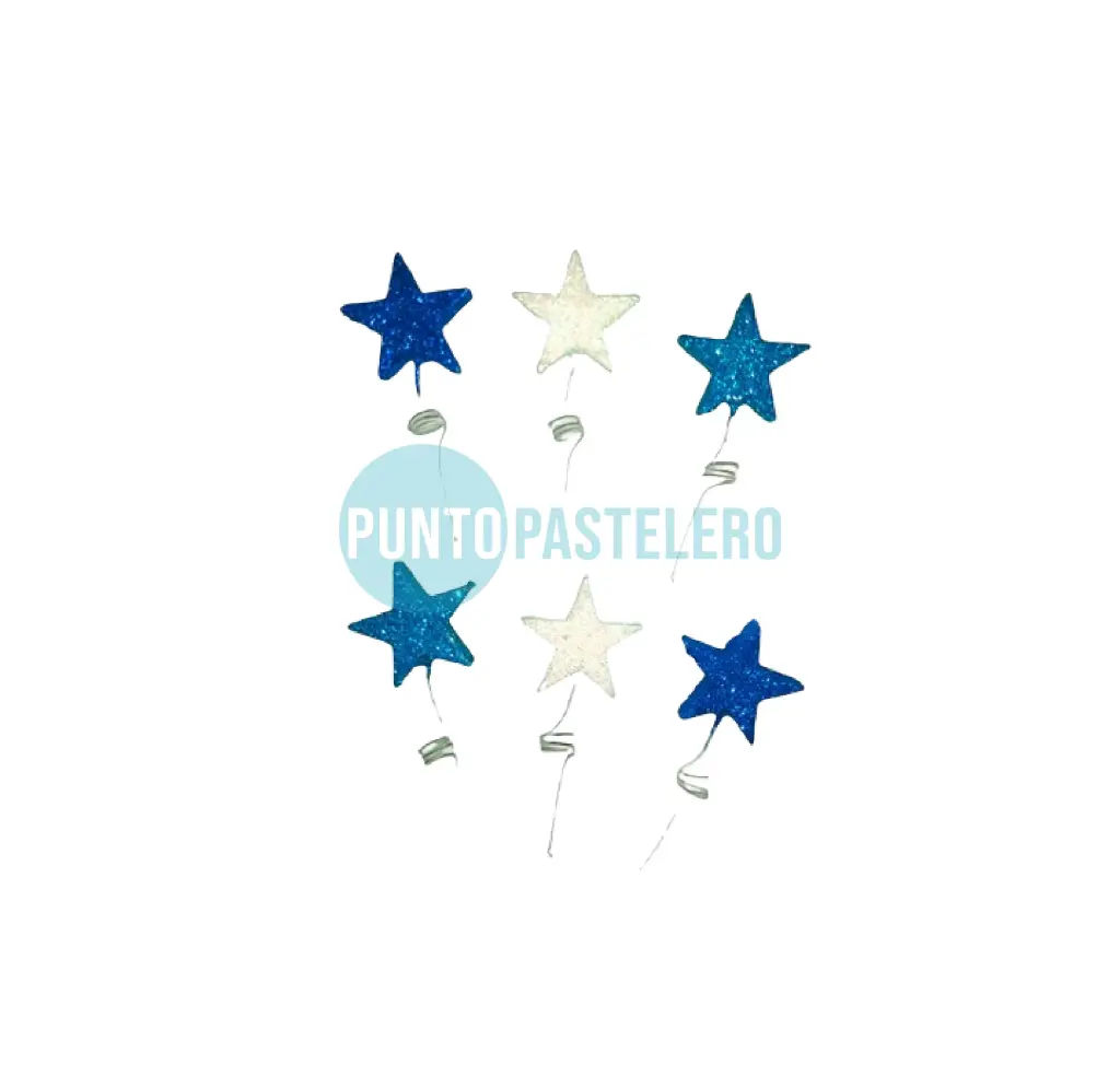 PINCHE RESORTE CON BRILLO ESTRELLA BLANCO/TURQUESA/AZUL DESTELLOS (6 U.)