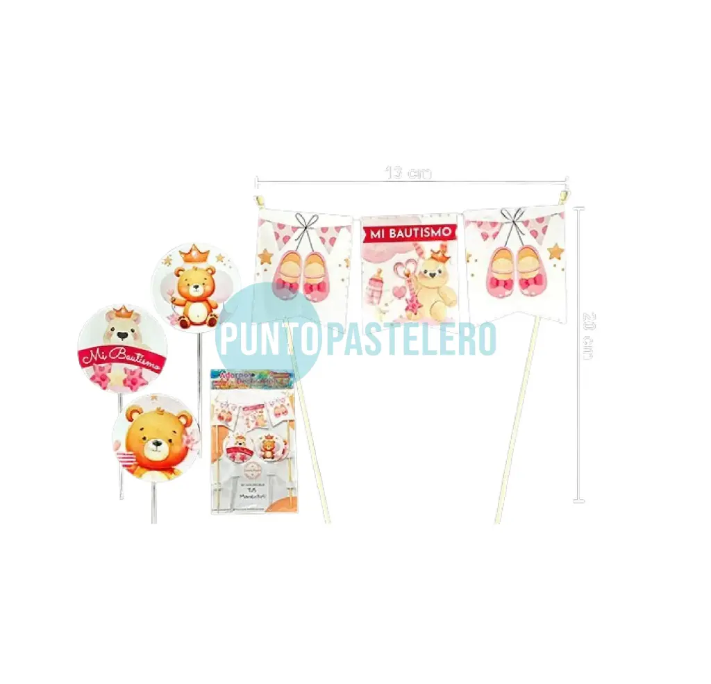 SET MI BAUTISMO BANDERIN Y TOPPERS ROSA (7 PZ.)