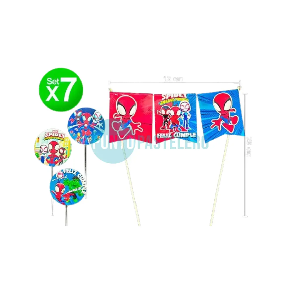 SET FELIZ CUMPLE BANDERIN Y TOPPERS SPIDEY Y SUS AMIGOS (X 7 U.)