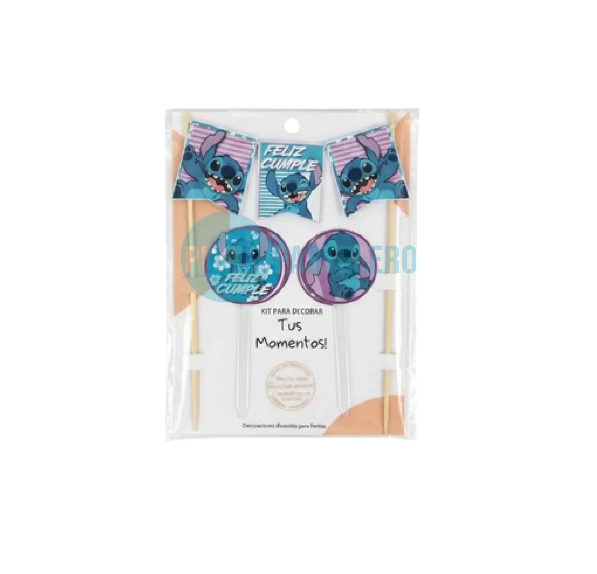 SET FELIZ CUMPLE BANDERIN Y TOPPERS STITCH