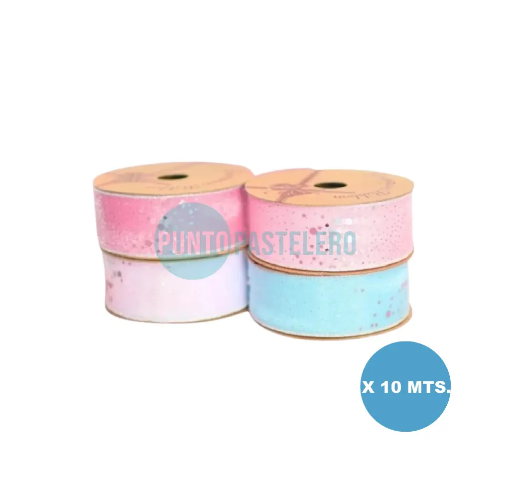 CINTA ORGANZA CIRCULOS PLATEADOS (COLORES VARIOS) (X 10 MT.)