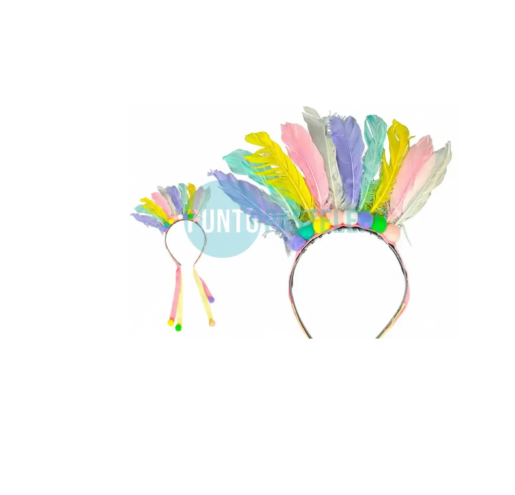 VINCHA PLUMA PASTEL CON POMPON Y CINTAS