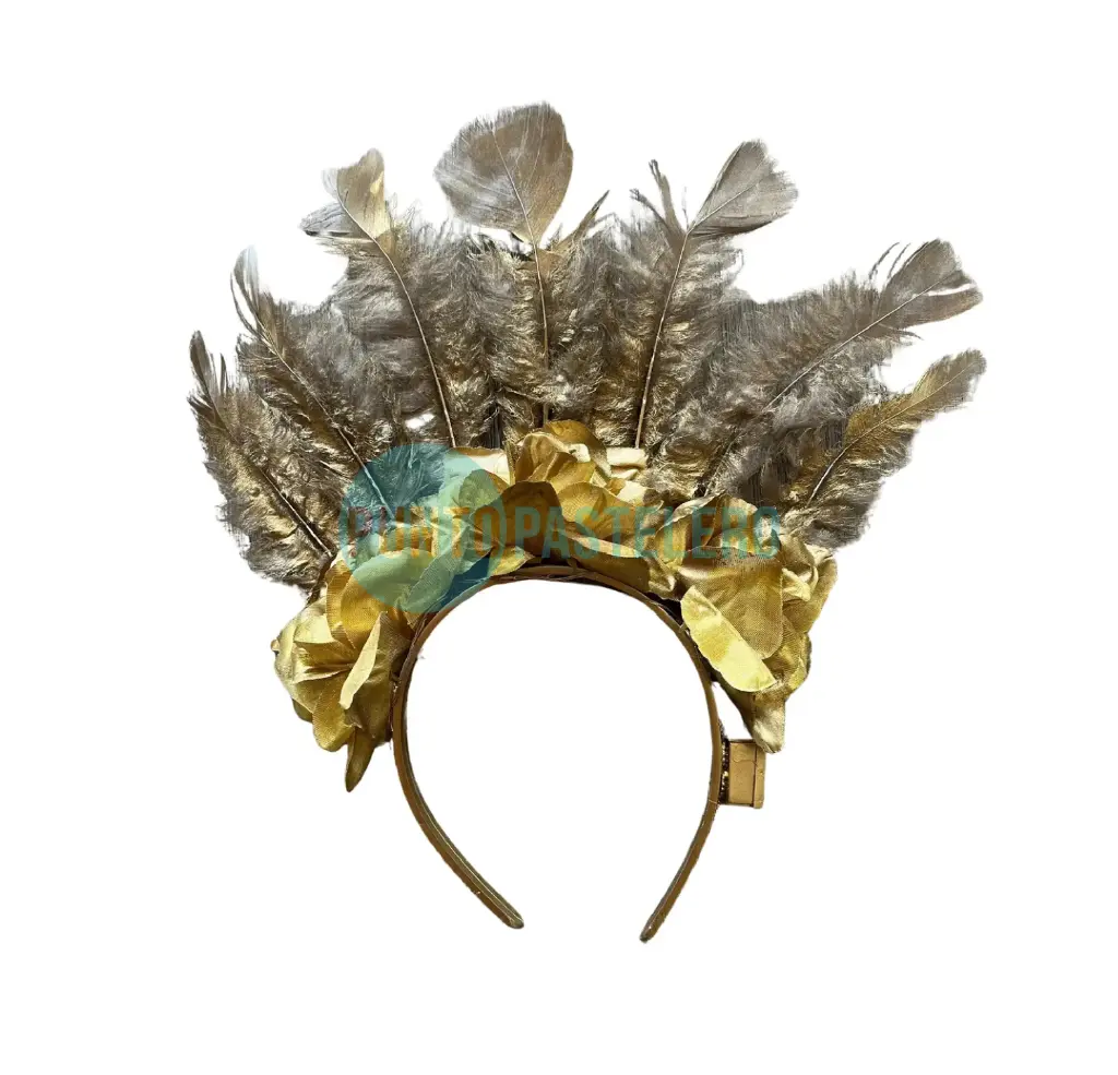 VINCHA GLAMOUR CON LUZ 3 FLORES DORADA CON PLUMAS