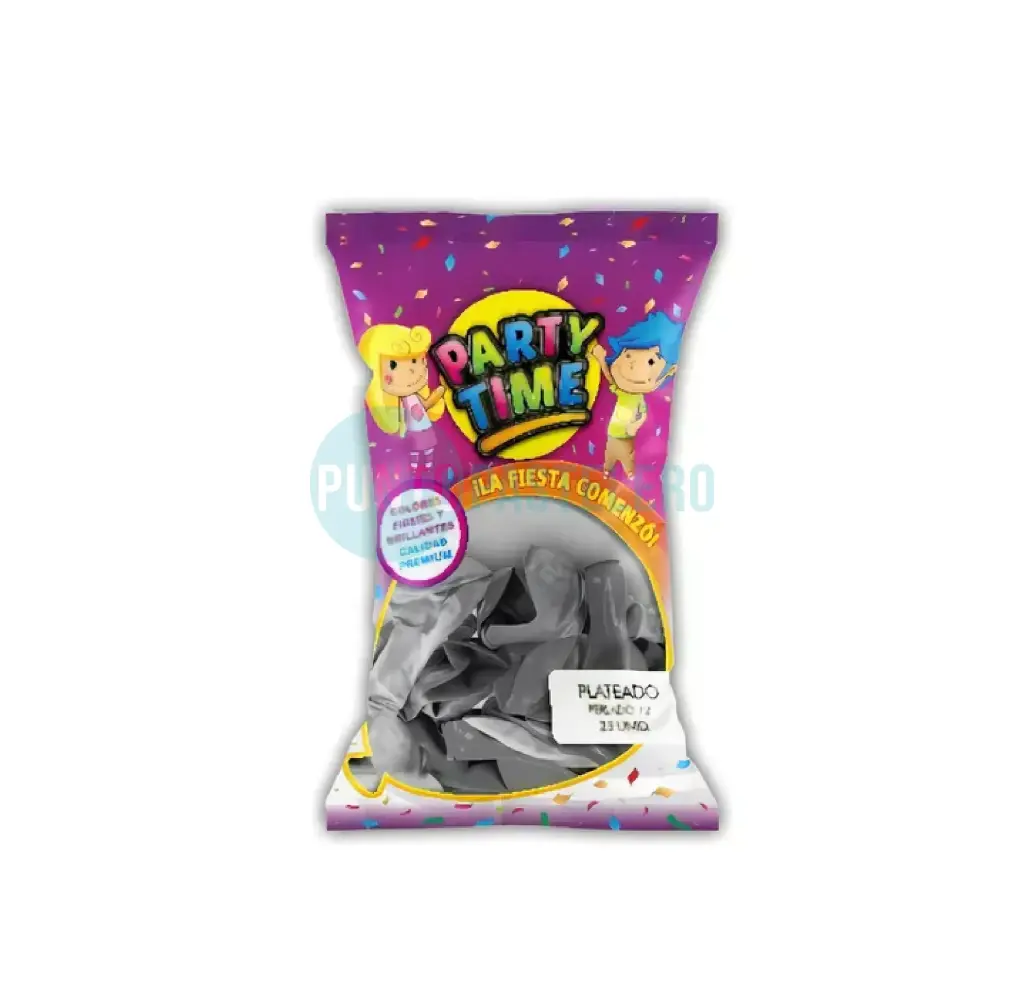 GLOBO PARTY TIME PERLADO 12" PLATEADO (X 25 U.)