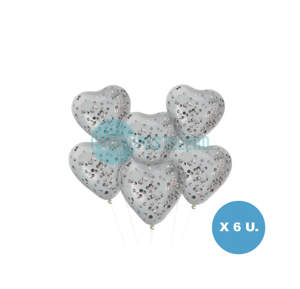 SET GLOBO GLOBOX CORAZON CRISTAL CON CONFETTI PLATA (X 6 U.) (APTO HELIO)