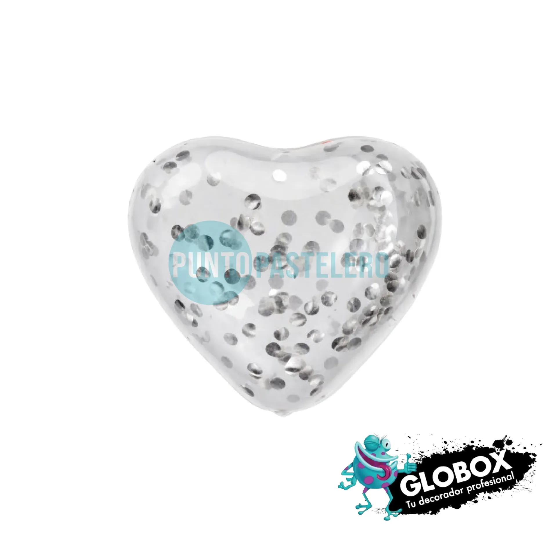 SET GLOBO GLOBOX CORAZON CRISTAL CON CONFETTI PLATA (X 6 U.) (APTO HELIO)
