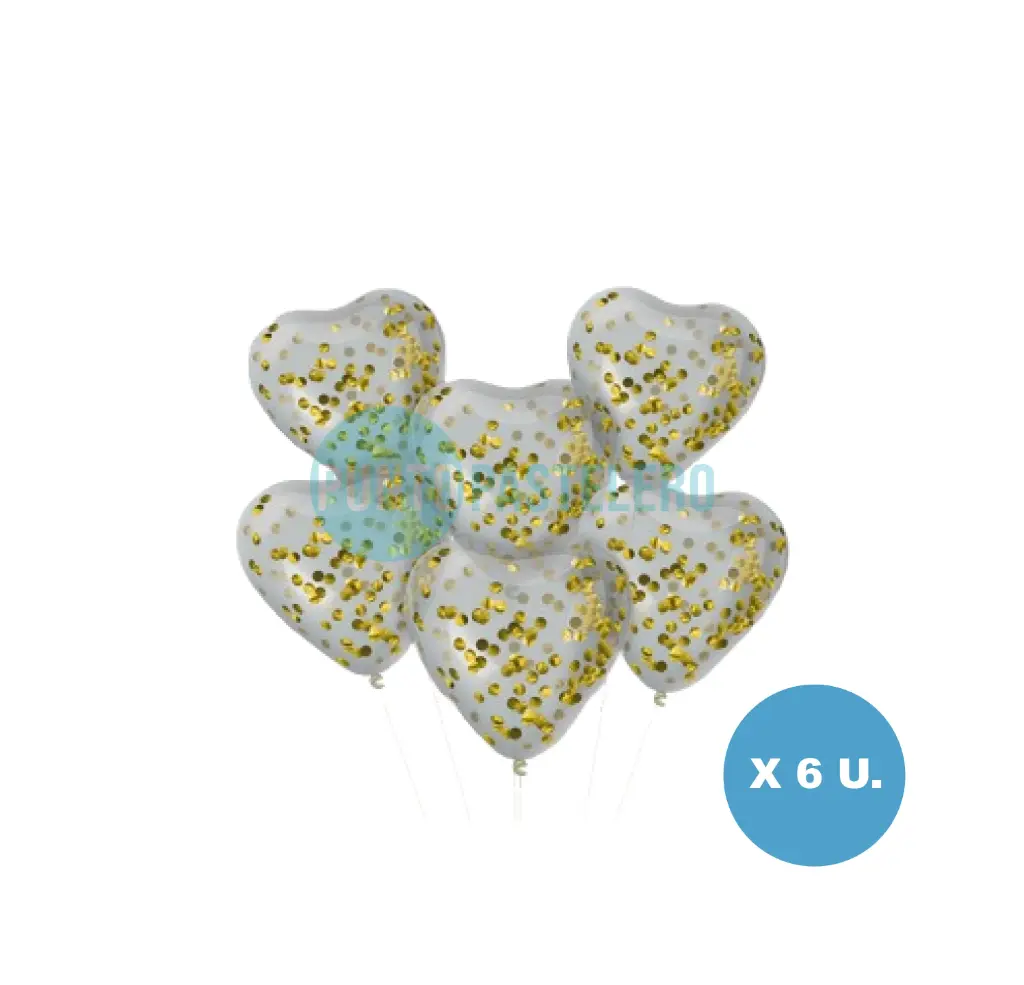 SET GLOBO GLOBOX CORAZON CRISTAL CON CONFETTI DORADO (X 6 U.) (APTO HELIO)