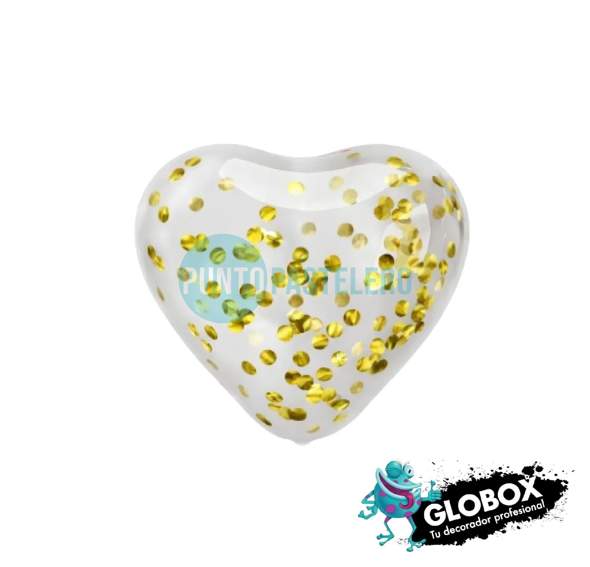 SET GLOBO GLOBOX CORAZON CRISTAL CON CONFETTI DORADO (X 6 U.) (APTO HELIO)
