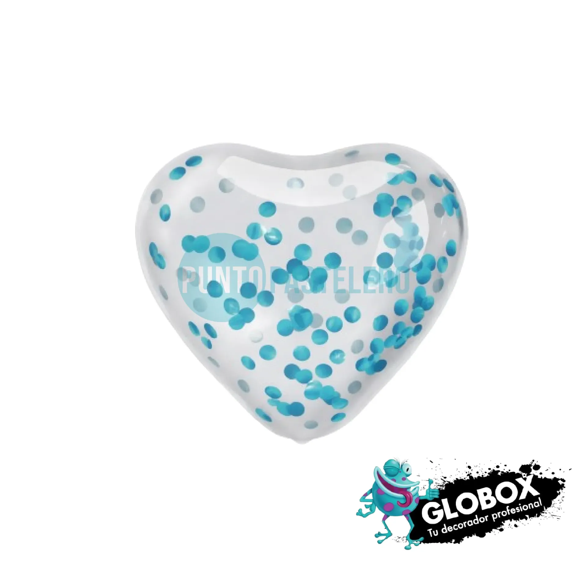 SET GLOBO GLOBOX CORAZON CRISTAL CON CONFETTI CELESTE (X 6 U.) (APTO HELIO)