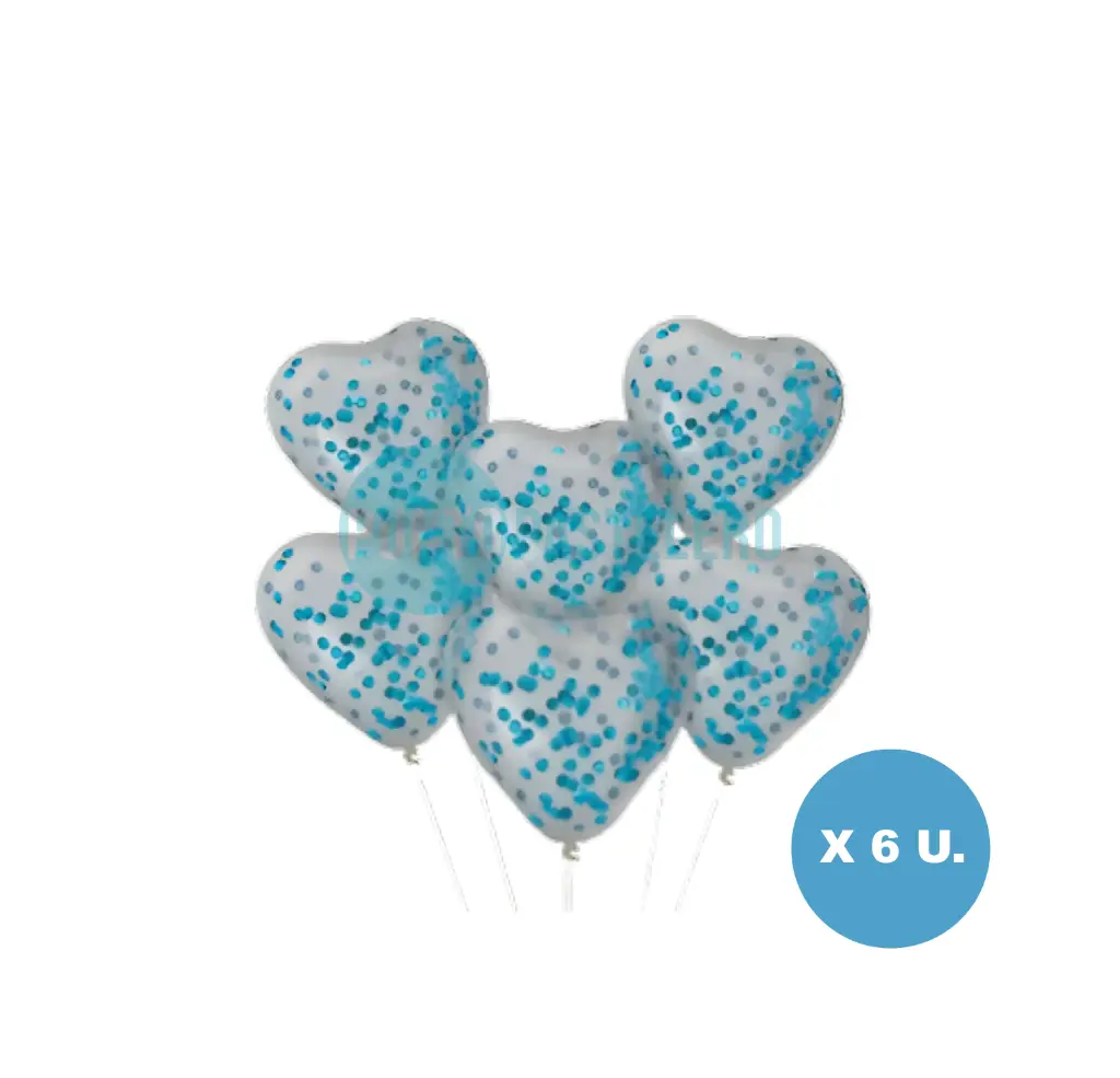 SET GLOBO GLOBOX CORAZON CRISTAL CON CONFETTI CELESTE (X 6 U.) (APTO HELIO)