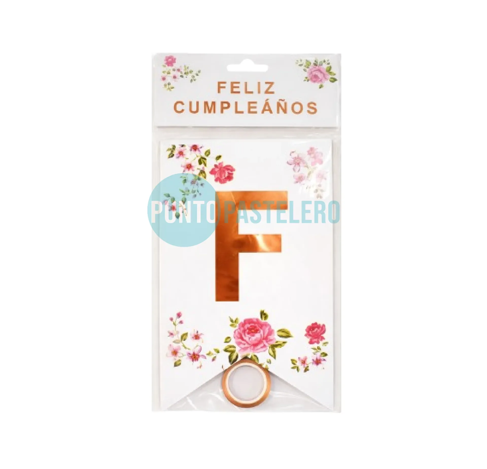 BANDERIN CON STAMPING FELIZ CUMPLEAÑOS FLORES