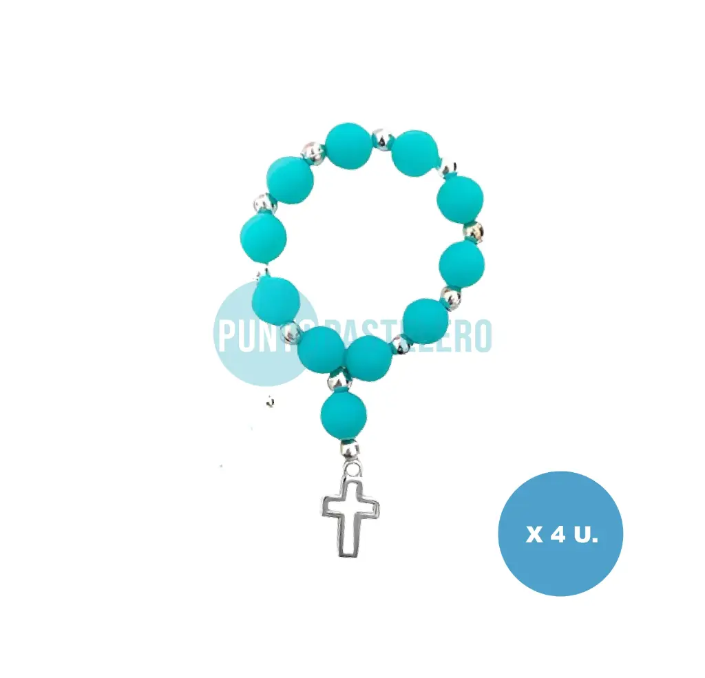 ROSARIO DENARIO PERLAS AGUA MARINA CON CRUZ PLATEADA (X 4 U.)