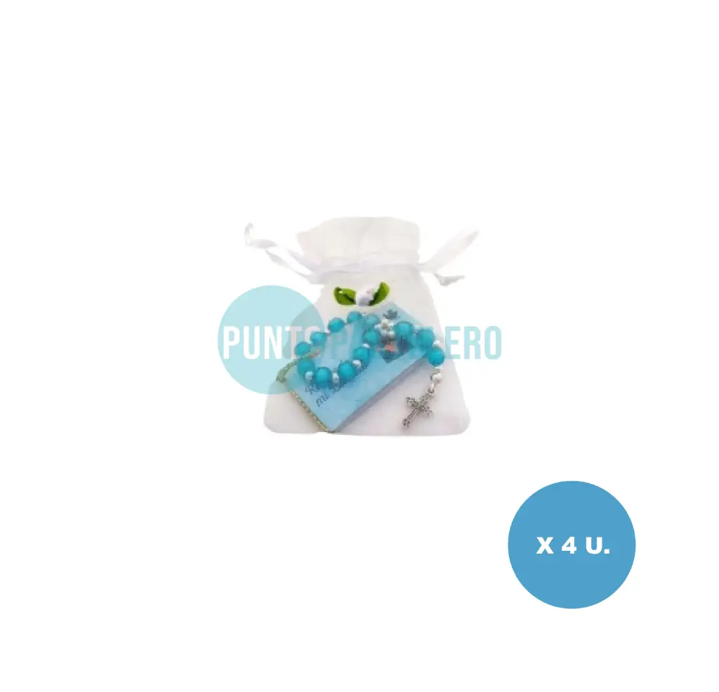 ROSARIO DENARIO PERLAS CELESTE CON CRUZ PLATEADA (X 4 U.)
