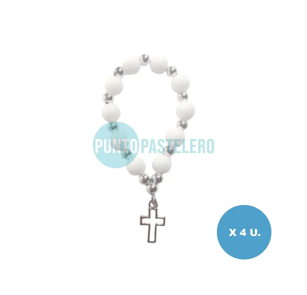 ROSARIO DENARIO PERLAS BLANCAS CON CRUZ PLATEADA (X 4 U.)