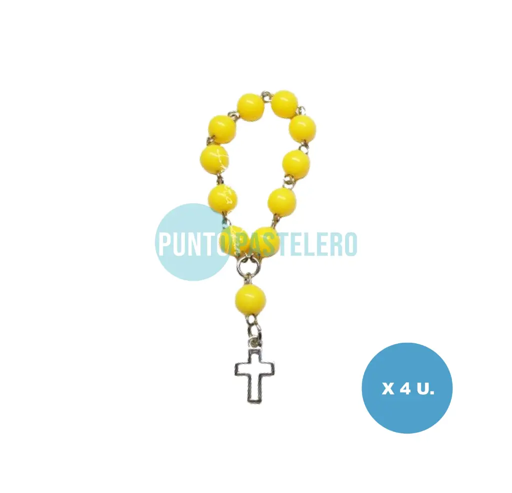 ROSARIO DENARIO PERLAS AMARILLAS CON CRUZ PLATEADA (X 4 U.)