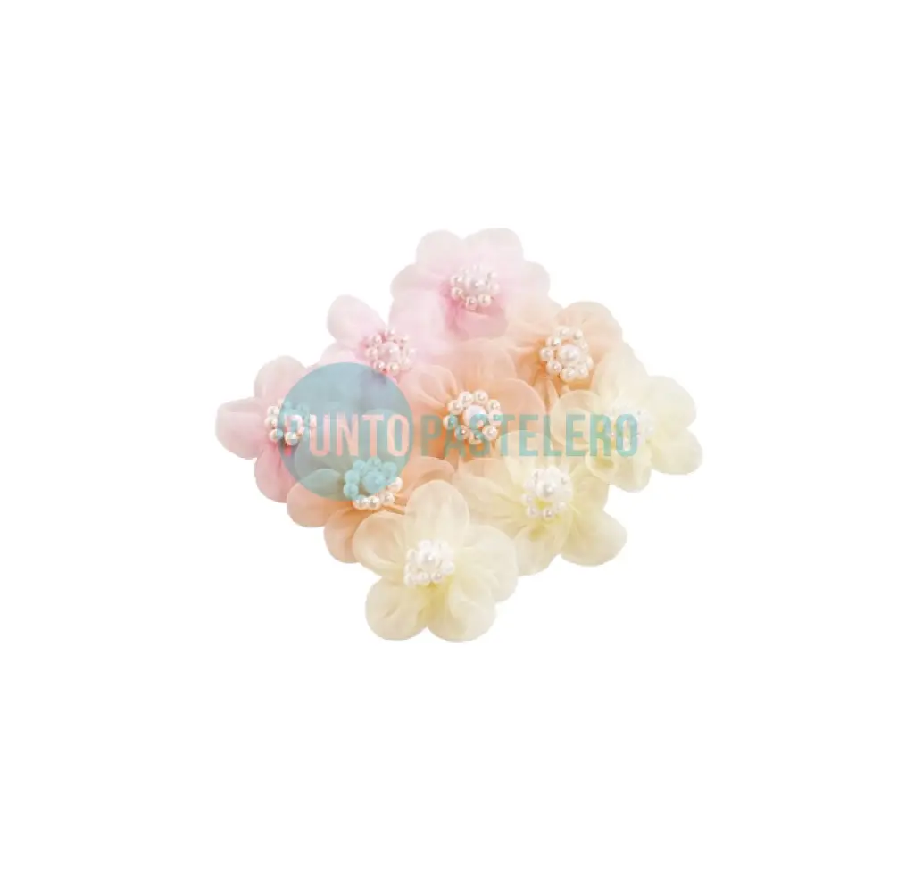 FLORES DE ORGANZA CON CENTRO DE PERLAS (X 12 U.)
