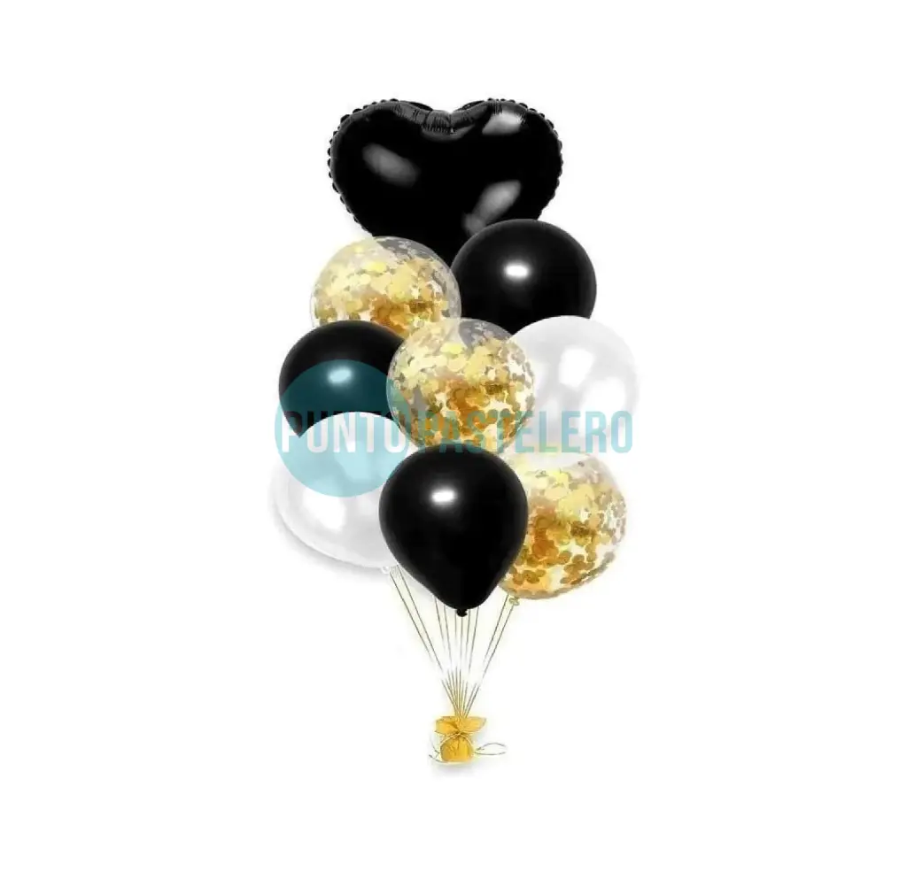 SET DE GLOBOS CORAZON Y CONFETTI NEGRO (9 PZ)