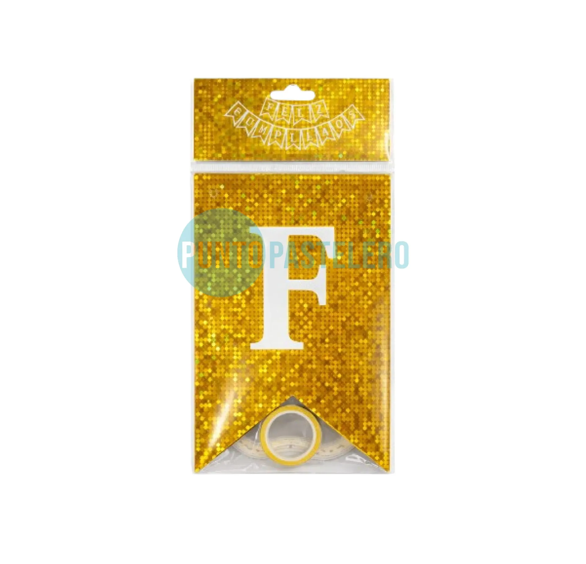 BANDERIN FELIZ CUMPLEAÑOS HOLOGRAFICO DORADO