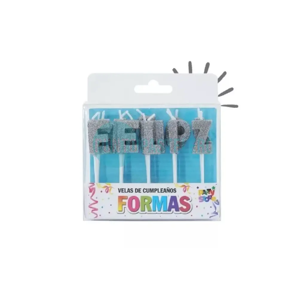 SET VELAS LETRAS "FELIZ CUMPLE" GLITTER PLATA