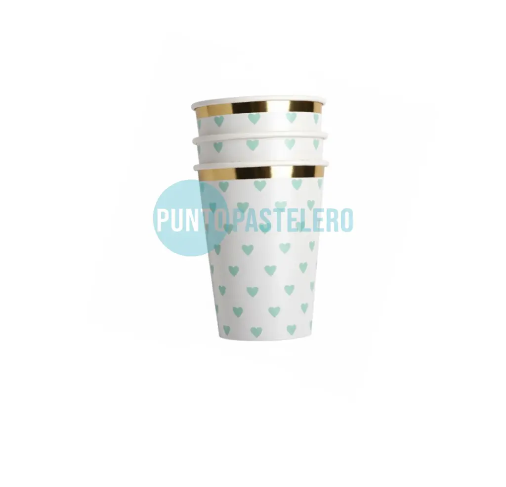VASO POLIPAPEL ESTAMPA CORAZONES VERDE AGUA