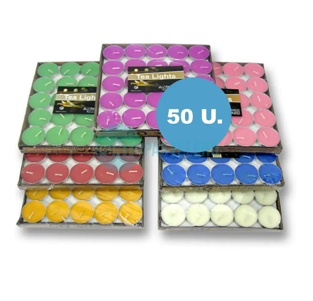 VELAS DE NOCHE TEA LIGHT (X 50 U.) (COLORES VARIOS)